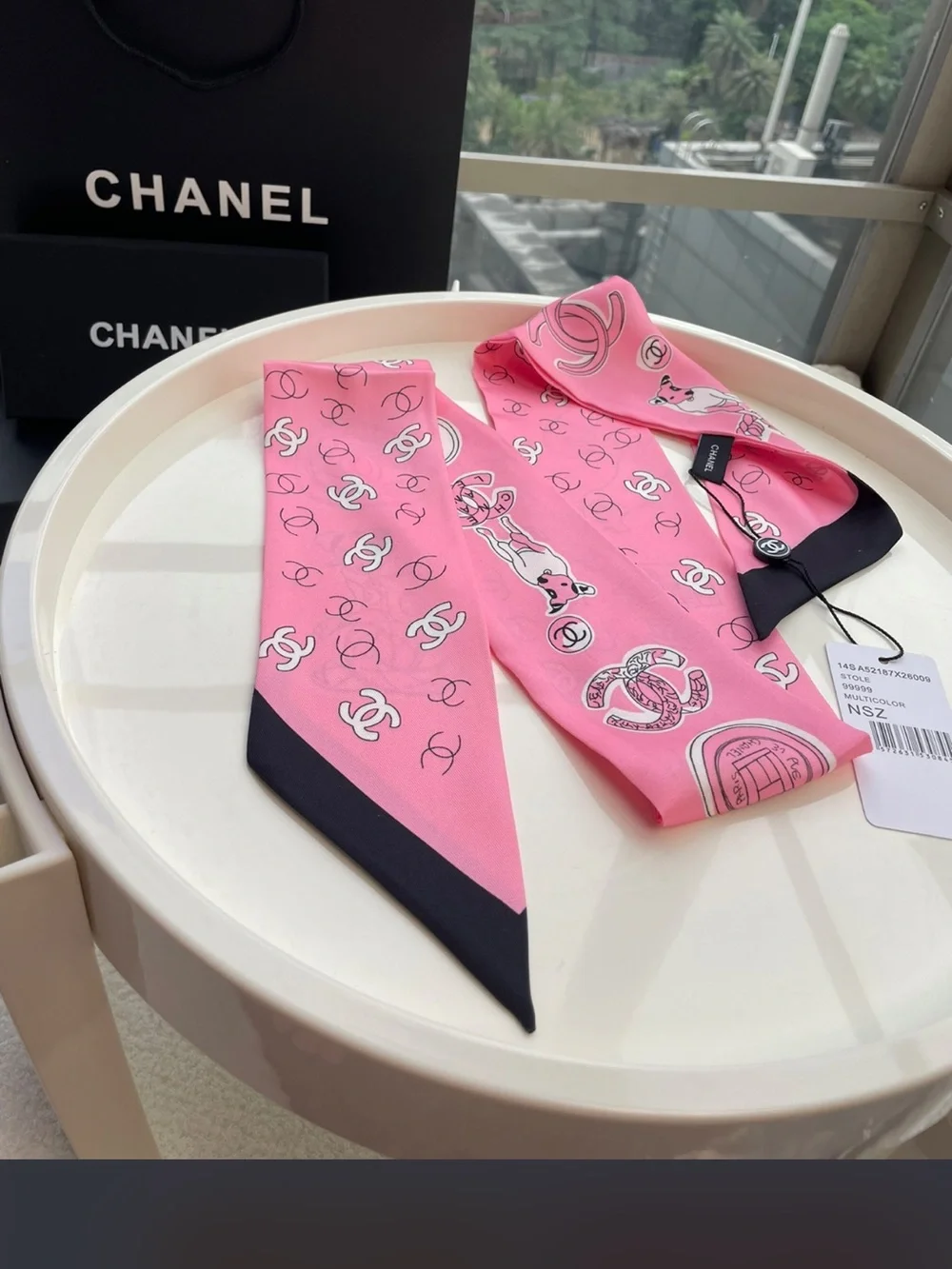 Double C Designer Pink Black Letter Logo Dog Twilly Silk Scarf